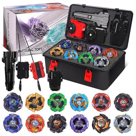 Set X Toupies de Combat, 12 Jouets tournants avec 3 lanceurs & 1 boîte | Rangement portable, Cadeau jeu d'arène gyroscopique pou