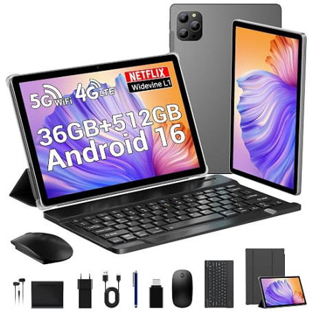 VELVDIVA Android 16 Tablette 11 Pouces Octa-Core 2.0GHz, 36Go RAM + 512Go ROM (2TB TF), 4G LTE/5G WiFi, Gemini AI, Widevine L1,