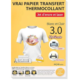 TransOurDream 40 Feuilles*A4 Papier Transfert pour Textile blanc&clair 3.0 | Compatible Imprimantes Jet d'Encre & Laser, Papier