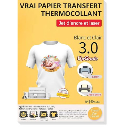 TransOurDream 40 Feuilles*A4 Papier Transfert pour Textile blanc&clair 3.0 | Compatible Imprimantes Jet d'Encre & Laser, Papier