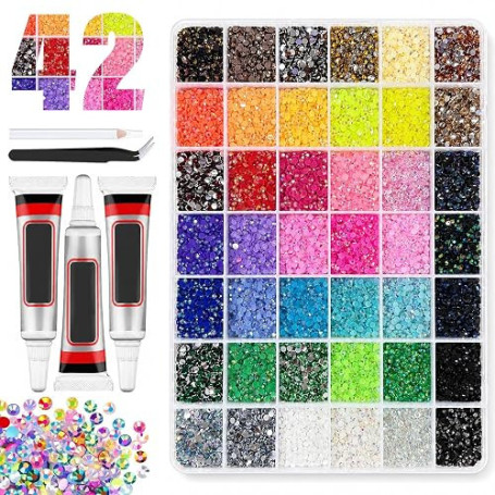 32000 Strass à Coller 3 mm Bedazzling Kit 42 Couleurs Strass en Résine | avec Colle Stylo et Pince Strass Ongle Nail Art, pour V