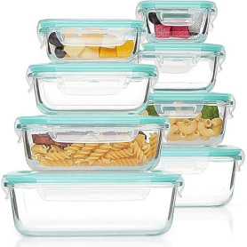 Vtopmart Lot de 16 Boîtes Alimentaires Verre, 8 Récipients et 8 Couvercles | Verre Sain sans BPA, Étanche et Hermétique, Compati
