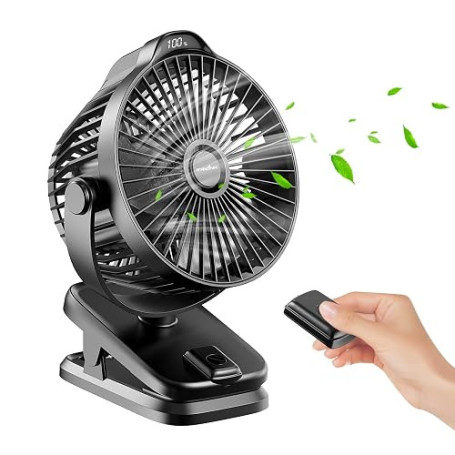 Mini USB Ventilateur Pince Portable, 8000mAh Silencieux, Télécommande, Affichage LED, 5 Vitesses Rotation à 360°, Rechargeable T