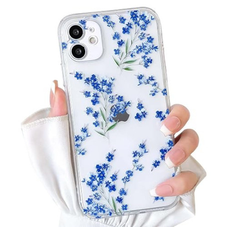 NITITOP Coque pour iPhone 12 Mignon Floral Fleur Motif, Bleu | Vintage Branche Fleurie Design, pour Femme Fille, Housse de prote