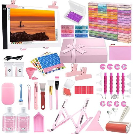 DNSGOOR 185Pcs Diamond Painting Accessoires,Boîte Diamond Painting Rangement, A4 LED Diamant Dimmable Light Pad Artisanat Diamon