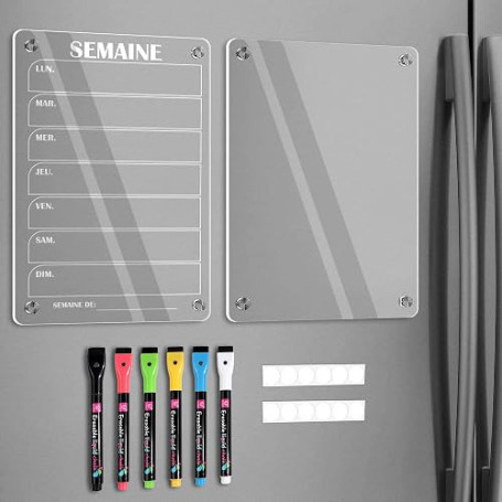 BIROYAL Lot de 2 Calendrier Magnetique Frigo(Avec Marqueurs 6 couleurs) - Acrylique Tableau Magnetique Frigo - Planning Semaine
