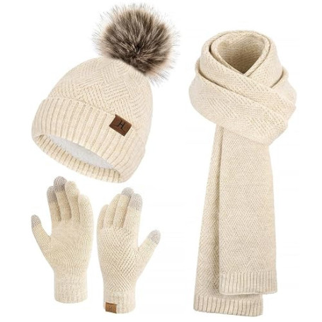 Bequemer Laden Bonnet Polaire Femme Echarpe Gants Tactiles Ensemble Chaud | Bonnets Pompom Chapeau Femme Écharpe Longue Tricot G