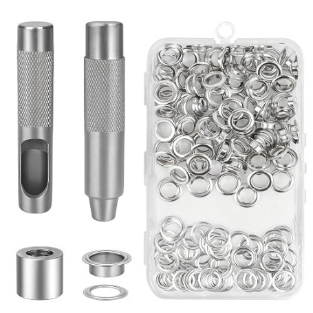 100 Sets (50 Oeillets Inox + 50 Rondelles), Oeillets Pour Baches 17mm | Trousse à Oeillet Avec Outil de Perforation et Socle, Po