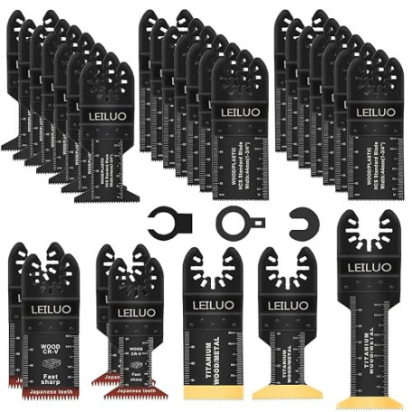 LEILUO 32 Pièces Kit d'Accessoires pour Outils Oscillants | Idéal pour bois, clous & cloisons sèches. Lames de scie avec sac. Co