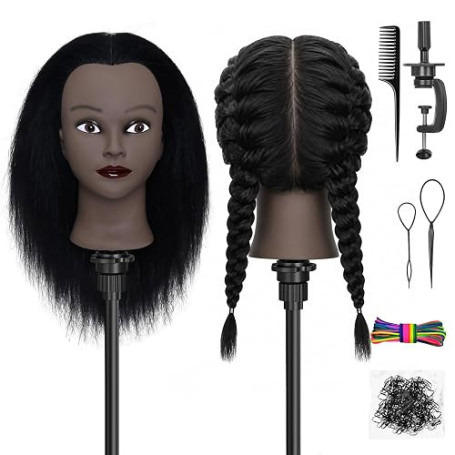 Yekavo Tête de mannequin afro 100 % cheveux humains pour coiffure, tressage, coiffeur, coiffeur, cheveux longs, tête d'entraînem