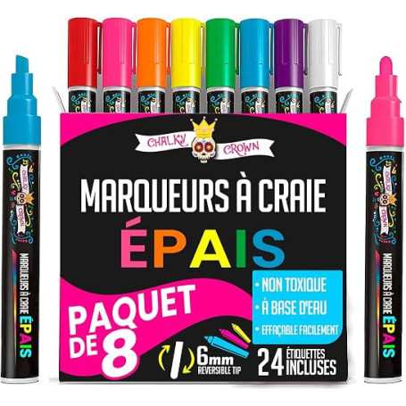 Chalky Crown - Stylo Craie Multicolore (Lot de 8) - Marqueurs à Effaçage à Sec Pour Tableaux Noirs, Enseignes, Fenêtres, Verre -
