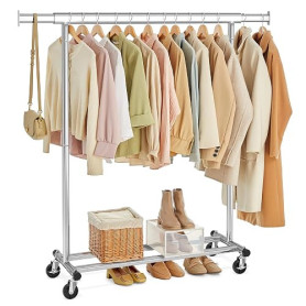 SONGMICS Portant à Vêtements avec Roulettes, Tringle Extensible pour Charge Lourde, Porte-manteau, Capacité de Charge 100 kg, 45
