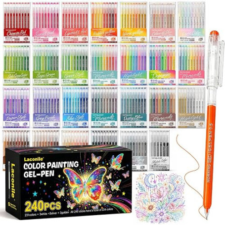 Laconile 240 Stylos Gel pour Coloriage Adulte – Pointe Fine 0,6 mm – Gel Pen pour Scrapbooking, Dessin, Écriture, Griffonnage, J