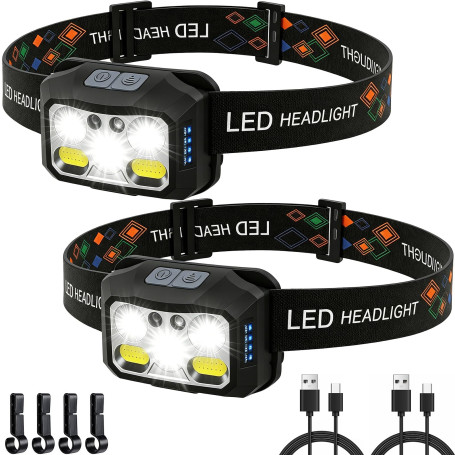 KOHRIUK Lot de 2 Lampe Frontale LED Rechargeable USB 2000 Lumens Torche Frontale Léger Étanche avec Capteur de Mouvement 6 Modes