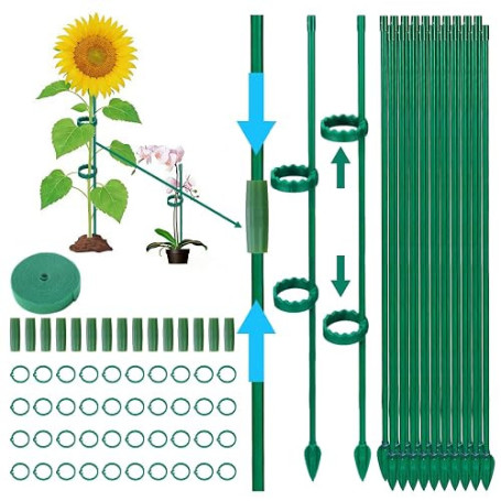 Tuteurs pour Plantes 115 Pièces avec 20 Tuteur Plante, 40 Tiges Plantes Clips,15 Tiges Tube d'extension, 1M Bande Velcro, Tuteur