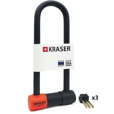 KRASER KR85L Antivol Moto Homologué SRA | Promo Model Plus Robust | U ø18mm Acier Cémenté, Double Verrouillage, 3 Clés Haute Séc