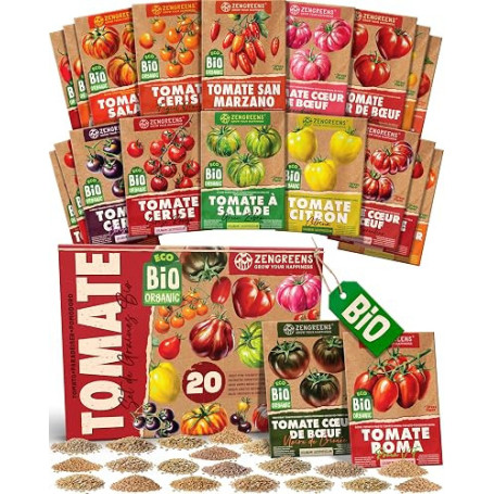 ZenGreens® Kit de Graines de Tomate bio - 20 variétés anciennes - Semences | pour salades & sauces, de doux à aromatique, idée c