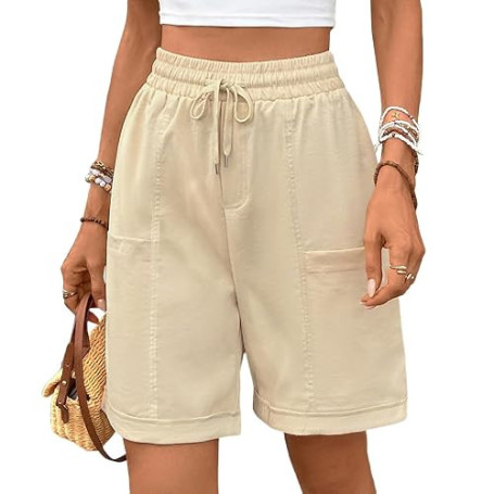 HOTIAN Bermuda long élastique pour femme - Taille haute - Jambes larges - Pantalon d'été en coton décontracté avec poches