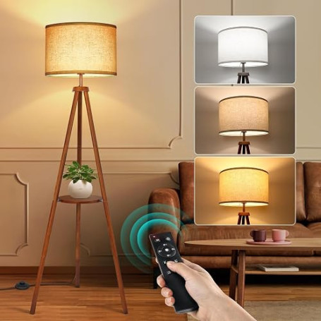OUTON Lampadaire Trépied avec Étagères, LED Dimmable, Noyer | Télécommande, 4 températures de couleur, bois, abat-jour en lin be