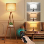 OUTON Lampadaire Trépied avec Étagères, LED Dimmable, Noyer | Télécommande, 4 températures de couleur, bois, abat-jour en lin be