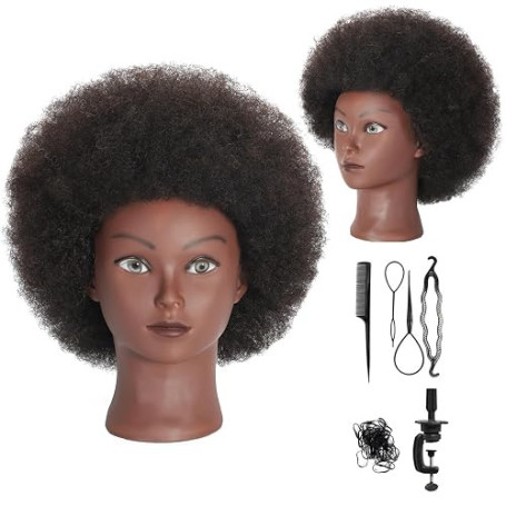 Tête de mannequin afro bouclée avec cheveux 100% humains bouclés - Tête de poupée pour coiffure et cosmétologie - Pour la pratiq