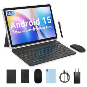 PRITOM Tablette 10 pouces, tablette 6-en-1, 16 Go, 64 Go ROM, Android 15, extensible jusqu'à 1024 Go, Quad Core, WiFi 6, 6000 mA
