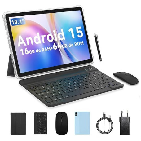 PRITOM Tablette 10 pouces, tablette 6-en-1, 16 Go, 64 Go ROM, Android 15, extensible jusqu'à 1024 Go, Quad Core, WiFi 6, 6000 mA