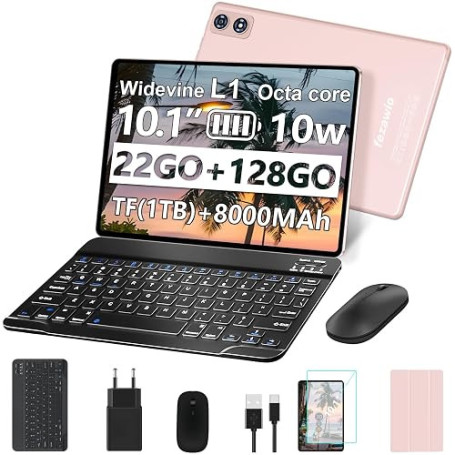 Android Tablette 10 Pouces, 22Go+128Go,Clavier Souris Coque Inclus,Or Rose | tablette tactile,Écran HD avec Certification Widevi
