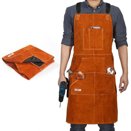 QeeLink Tablier de Travail Cuir avec 6 Poches, Tablier de Soudure Robuste | Résistant à la Chaleur, 61 cm x 91 cm, Réglable de T