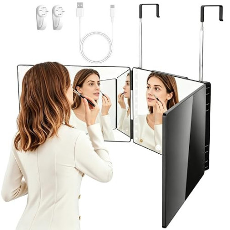 Vautvis Miroir 360 Coiffure LED, Miroir Coiffure 3 Voies, Coupe-Selfie à 360 Degrés, Hauteur Réglable, pour Rasage, Maquillage
