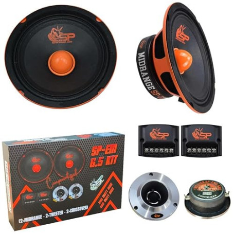 SP Audio SP-EM6.5 KIT, 1 Kit 2 Voies Haut-Parleur 16,5 cm 6,5 Pouces, 200 W RMS, 400 W Max, 4 Ohms, Avec 2 Midrange, 2 Tweeters