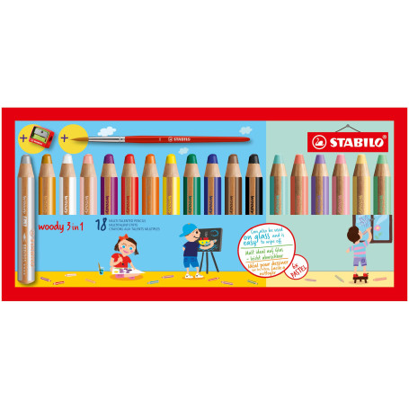 STABILO woody 3in1 - Crayon de couleur - Etui carton x 18 crayons de coloriage + 1 taille crayon + 1 pinceau rond taille 8 - don