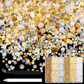 NACHLYNN Lot de 10 000 strass et perles champagne de 3 à 8 mm en résine - Avec stylo à bijoux et pince à épiler - Convient pour