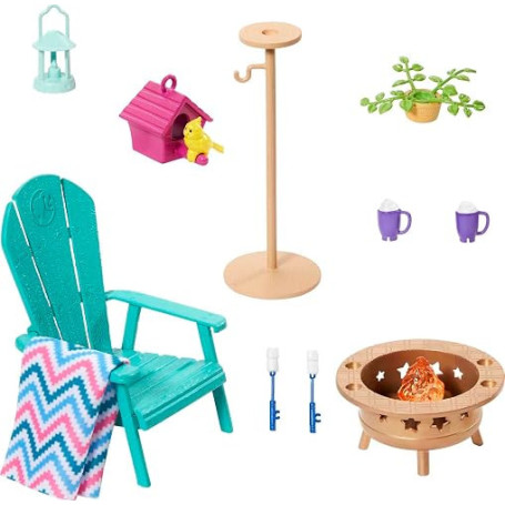 Barbie Ensemble de Meubles et d'accessoires, décoration de Maison de poupée Barbie pour Jardin, Patio, feu de Joie, mangeoire à