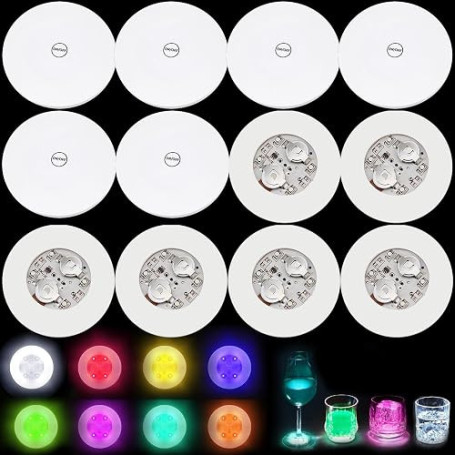 Lot de 12 autocollants ronds multicolores LED pour éclairage d'ambiance | 6 lumières multicolores 6 lumières blanc froid Batteri