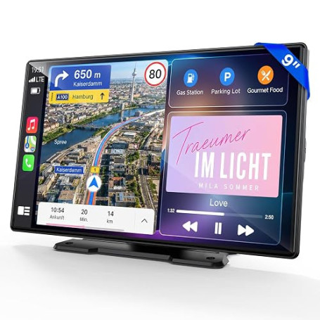 LAMTTO Écran CarPlay 9 Pouces avec CarPlay sans Fil & Android Auto | Autoradio Portable sans Fil avec Écran Tactile IPS,MirrorLi