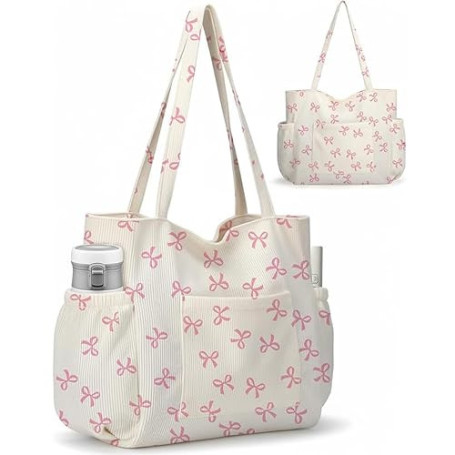 Vesavifaka Grande Sac Shopping en Côtelé pour Femmes – Joli Sac à Épaule Aesthétique, Sac en Toile Réutilisable avec Fermeture É