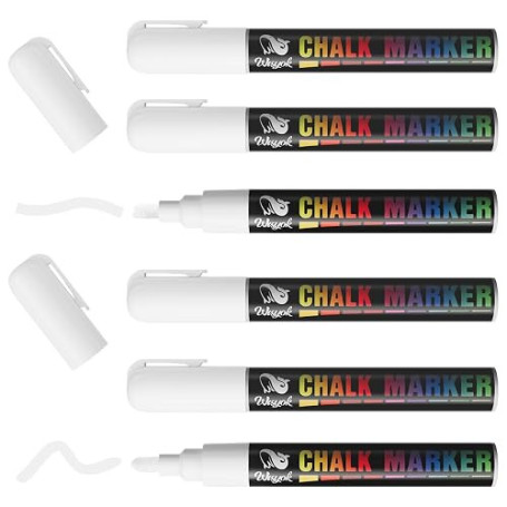 WISYOK Feutres Pour Tableau Blanc, Essuyable, 6mm, 6 Pièces, Blanc | Marqueur Craie Double Pointe, Stylos à Craie Pour Verre, Ma