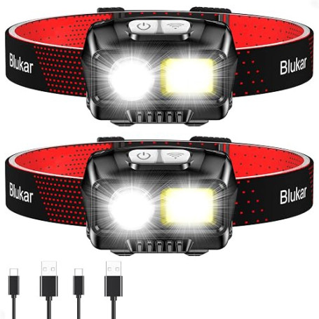 Blukar Lampe Frontale Rechargeable 2 Pack 2000L Super Lumineux IPX5 Étanche | Léger Torche Frontale LED Puissante avec Voyant Ro