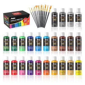 ABEIER Peinture Acrylique, 24 Couleurs × 60ml, Kit de Peinture Acrylique avec 12 Pinceaux, Non Toxique, Riche Pigmentée, pour Pa