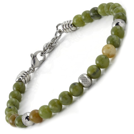 10:10 Bracelet en pierre naturelle de jade de 6 mm, perles en acier inoxydable, bracelet très résistant, fabriqué en Italie