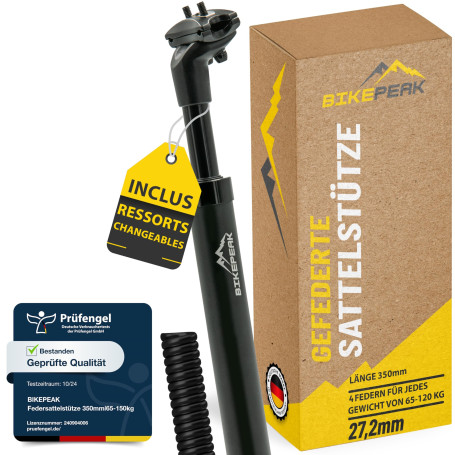 BikePeak Tige de Selle Amortie Ø 27,2, 30,9, 31,6 mm - Amortisseur de Selle pour Soulager la Colonne Vertébrale - Inclut 4 Resso
