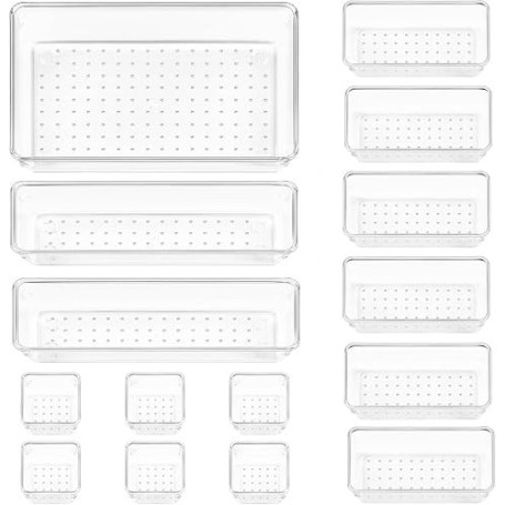 Vtopmart Organisateu Tiroir, Plastique Rangement Tiroir, 4 Tailles, 15 Pack | Design Transparent Empilable, pour Salle de Bain,