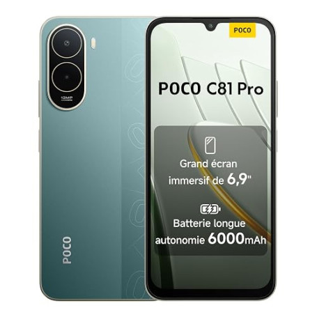 XIAOMI POCO C81 Pro Smartphone 4+128 Go Batterie 6000mAh - Vert | Écran immersif 6,9" 120Hz, double caméra IA 13 Mpx, 1 an de ga
