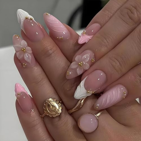 Zosutetoxo 24 Stück ongles à presser en forme d'amande avec design de fleurs 3D, ongles french tip à coller avec finition brilla