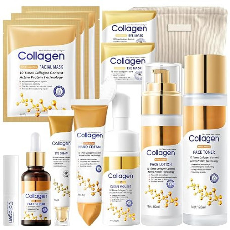 Coffrets de Soins pour la Peau, 13 Pièces Collagène Skincare Kit | con Serum Collagene Visage, Cleanser, Lotion Tonique Visage,
