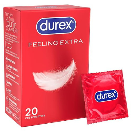 Durex Préservatifs Feeling Extra - 20 Préservatifs Fins et Extra Lubrifiés Pour Plus de Sensations - Taille Standard