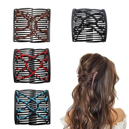KUMSODE Lot de 4 pinces à cheveux élastiques à double peigne extensibles pour cheveux épais Peignes magiques vintage réglables A