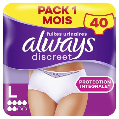 Always Discreet Culottes Incontinence Femme L x40 Pack 1 Mois | Normal 5 Gouttes. Sous-vêtements blancs. Protection très absorba
