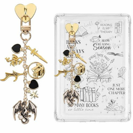Accessoire Kindle Liseuse, Chaîne Breloque Dragon Vintage Noir et Or, Décoration Élégante pour Liseuse Kindle, Pendentif Charm a